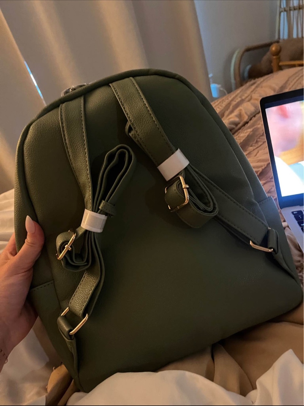 London Fog Olive Green Faux-Leather Backpack with Gold Hardware - Picture 2 of 3